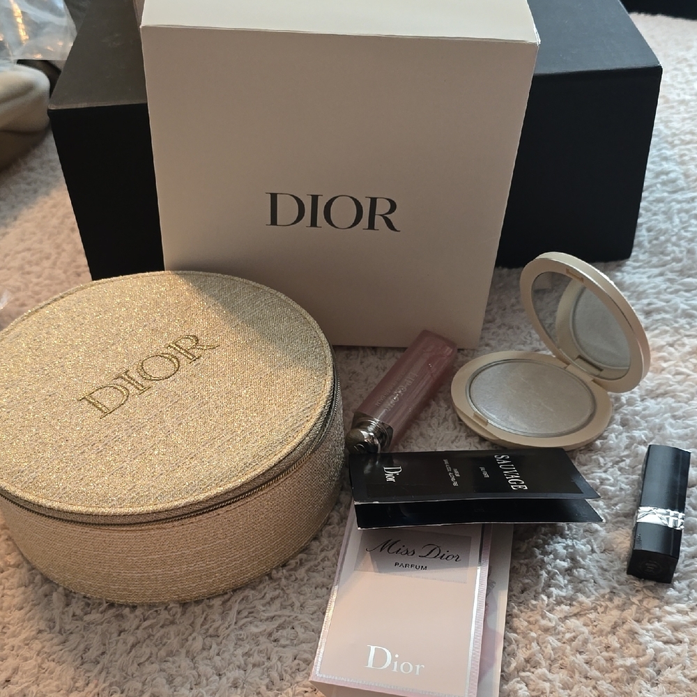 Authentic Dior Makeup Set with Pink Lip Gloss and Gold Travel Case